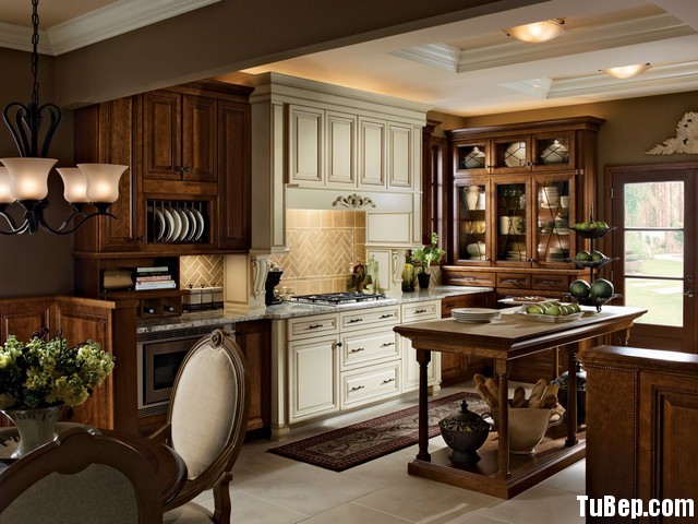 traditional kitchen cabinets 9 Tủ bếp gỗ tự nhiên chữ I sơn men trắng kết hợp vân gỗ TBT0533