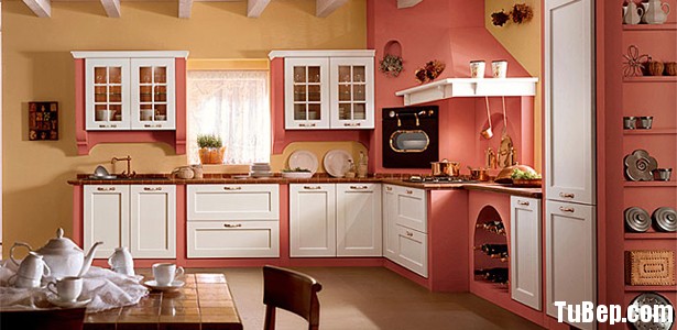 TỰ NHIÊN SƠN MEN 1 Tủ bếp gỗ Xoan đào sơn men màu trắng phối hồng TBT0490