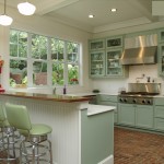 Tủ bếp gỗ tự nhiên sơn men màu xanh nhạt chữ L có bar   TBB783