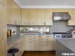 Tủ bếp gỗ Acrylic màu vân gỗ chữ L có bàn đảo – TBT1362