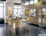 Tủ bếp gỗ Laminate màu vàng mỡ gà chữ I có bàn đảo và hệ khung tủ lạnh – TBT1734
