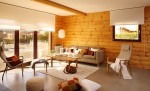 Bức tường gỗ tự nhiên mộc mạc và ấm cúng cho phòng khách