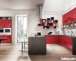 Tủ bếp gỗ Acrylic màu đỏ nổi bật chữ L có bàn đảo – TBT3186