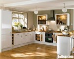 Tủ bếp MDF xanh chống ẩm chữ U sơn men kết hợp bàn đảo phong cách Châu Âu – TBB4578