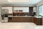 Tủ bếp Acrylic trắng phối Laminate vân gỗ Óc Chó chữ L thiết kế tinh tế sang trọng – TBB4824