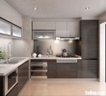 Tủ bếp Acrylic trắng bóng gương phối Laminate vân gỗ chữ L phong cách hiện đại – TBB4937
