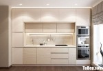 Tủ bếp Acrylic trắng phối Laminate vân gỗ nhạt dạng chữ I phong cách hiện đại – TBB5026