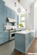 Tủ bếp gỗ Tần Bì thiết kế nhỏ gọn màu xanh  – TBT4146